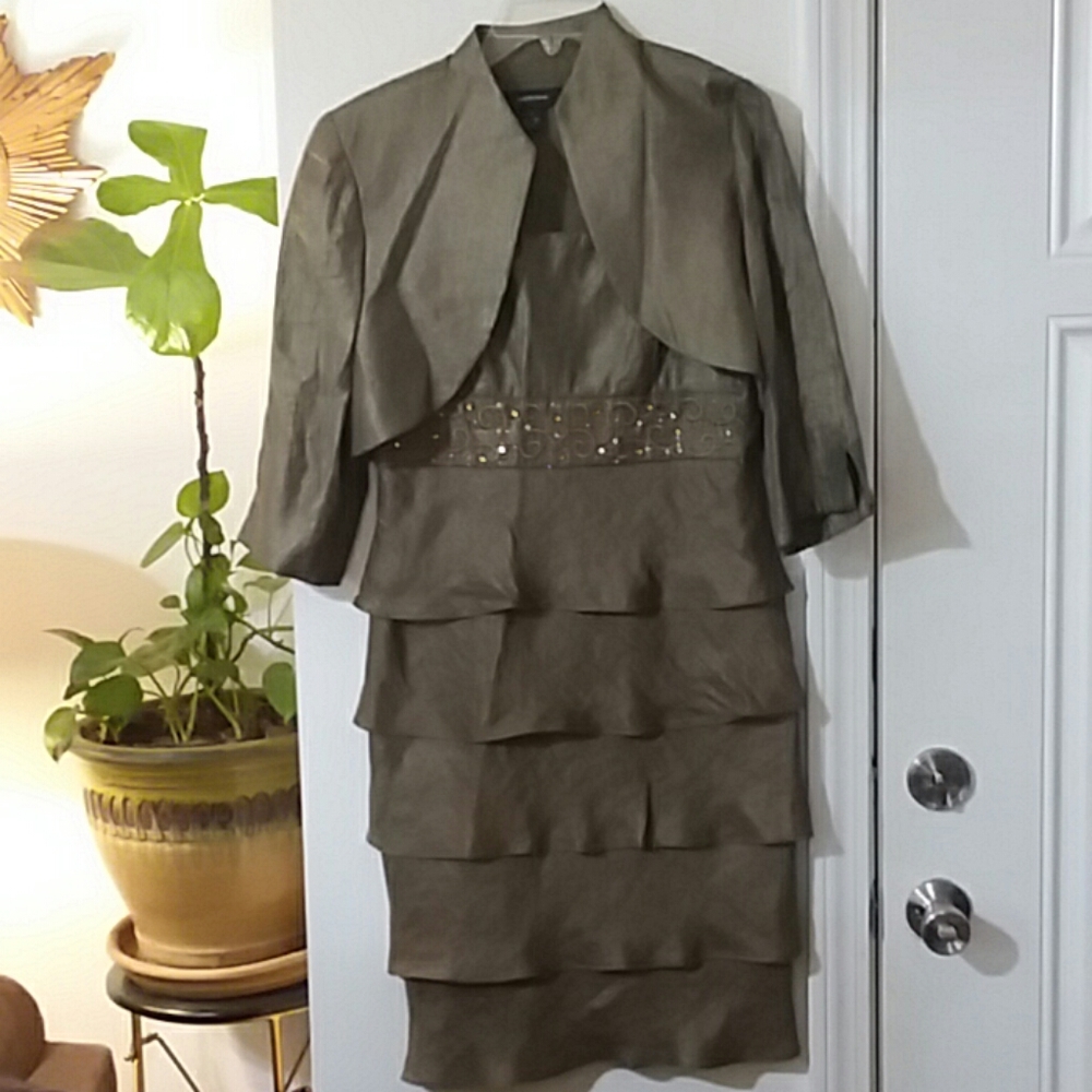 Bronze gold gem embroidered ruffle dress and jacke
